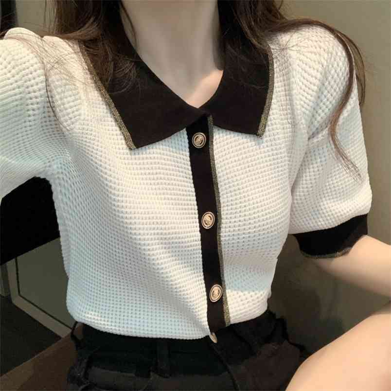 Summer Retro Turn Down Collar Hit Color Short Sleeve Knitted Single-Breasted Casual T-shirts For Women Tees 210519, White
Summer Retro Turn Down Collar Hit Color Short Sleeve Knitted Single-Breasted Casual T-shirts For Women Tees 210519, White