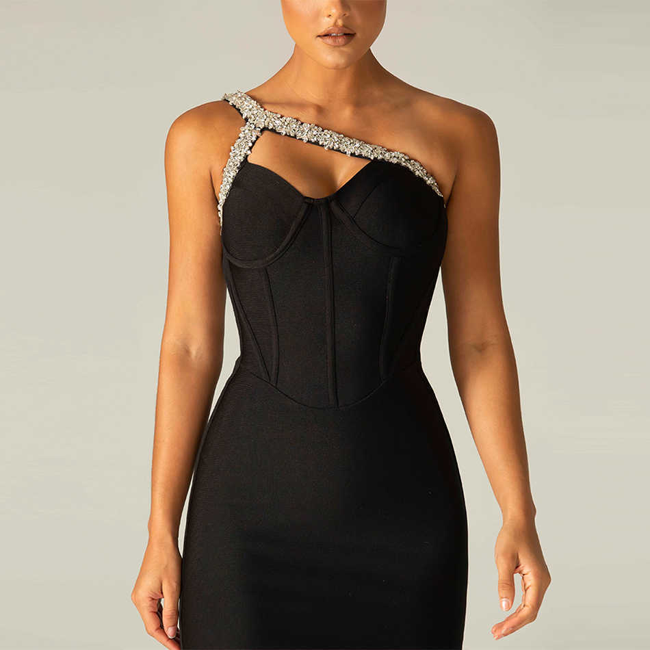 Summer Women One Shoulder Black Crystal Club Bandage Dress Sexy Sleeveless Mini Celebrity Runway Party Lady 210527