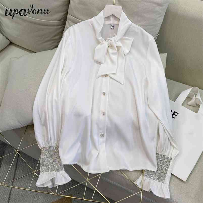 Free Spring Women's Bowknot Shirt Heavy Industry Diamond-studded Loose White Single-breasted Long Sleeve Top 210524