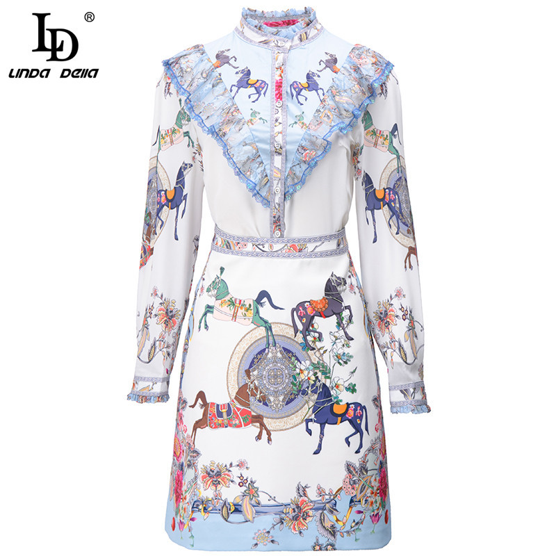 Autumn Fashion Runway Skirt Suit Women Ruffle Long sleeve Print Shirt and Slim Mini 2 Two Piece Sets 210522