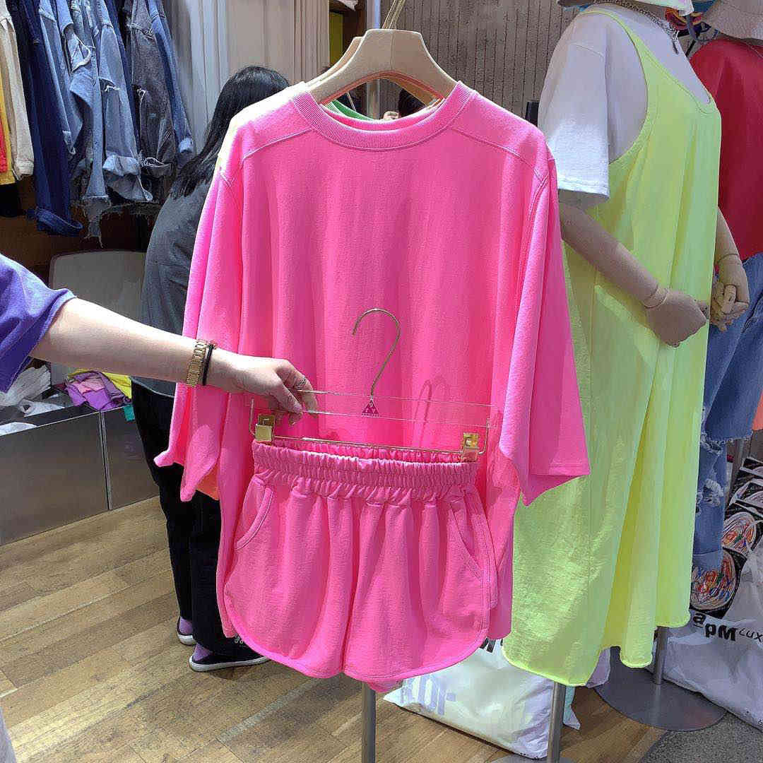 Matching Sets Summer Candy Color Plus Size Cotton Thin Fashion Casual O Neck Short Sleeve T Shirts Tops Clothing Shorts 210429