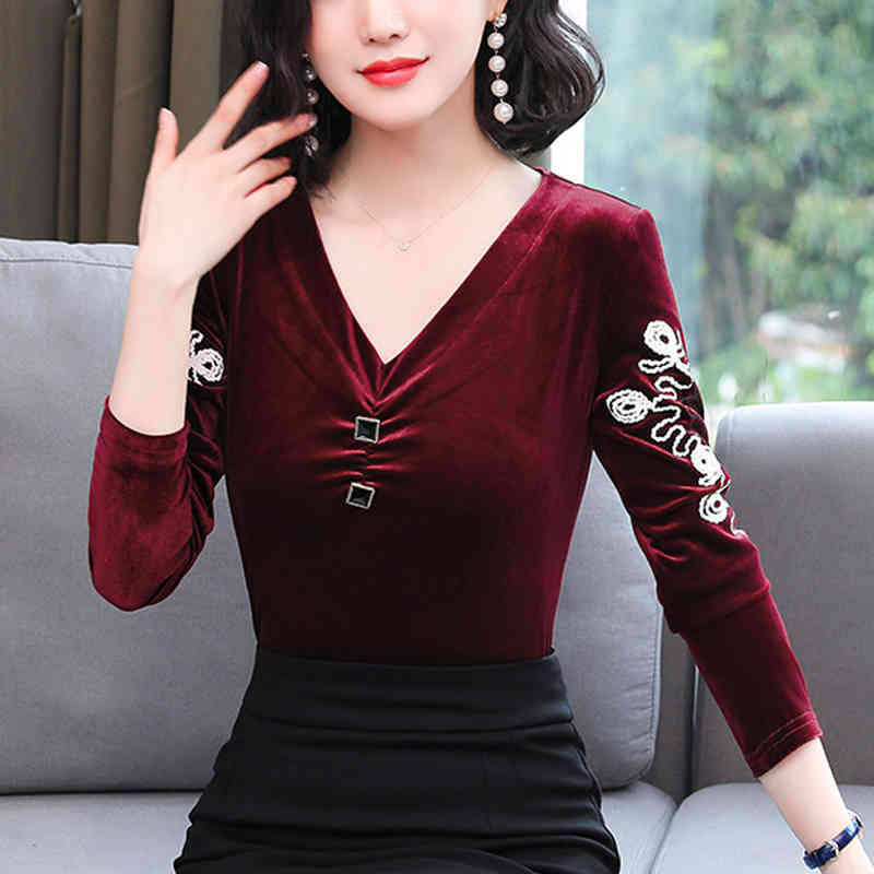 Womens clothing Black Korean V-neck Printed velvet Velour Long Sleeve Embroidery Blusas Top Women Blouse Shirts 827A 210420