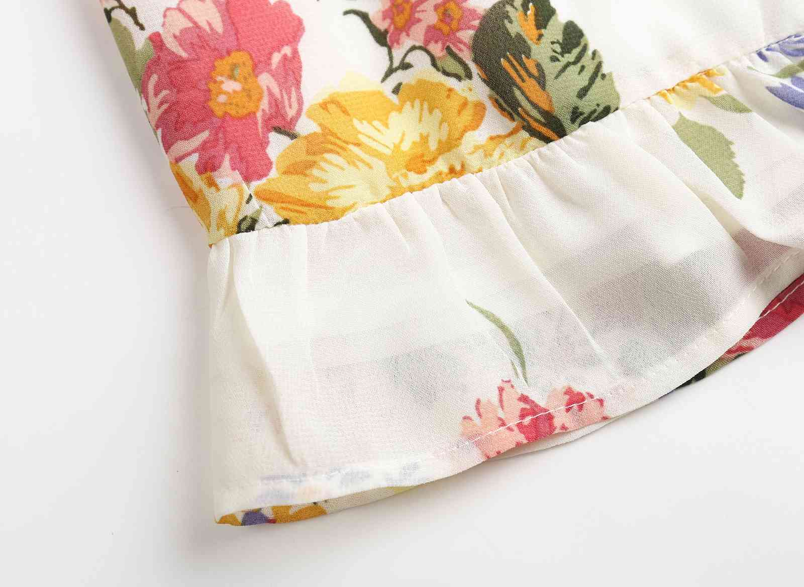 Vintage French Flower Print Tie Bow Spaghetti Strap Short Summer Dress Women Wood ear Ruffles Hem Ruched Back Sling Dresses 210429