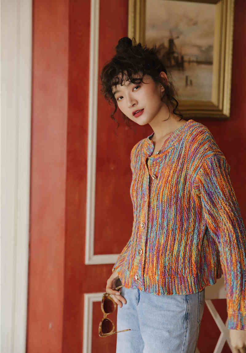 Autumn Colorful Sweater Cardigan Women Long Sleeve Button Up Rainbow Knitted Korean Fashion 210427