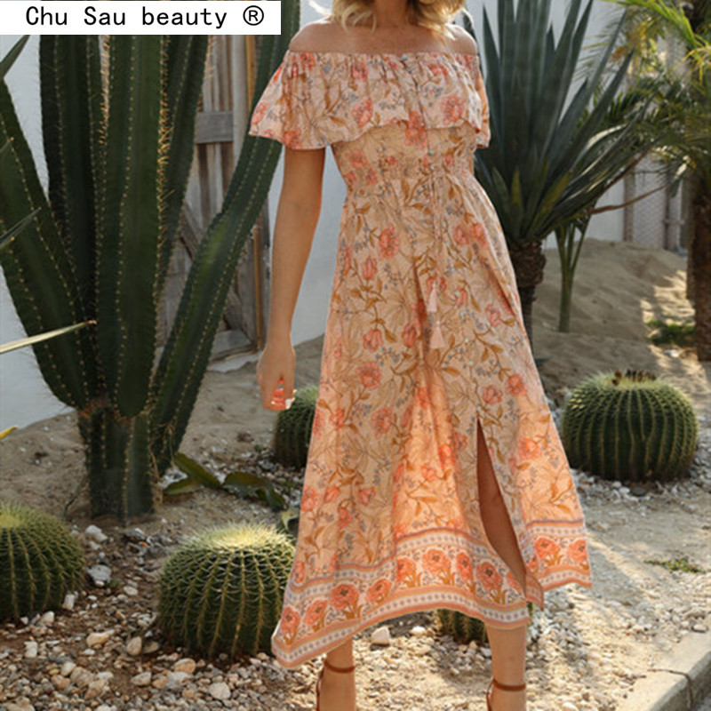 beauty Fashion Women Summer Boho Dress Sweet Printed Word Shoulder Waist Ruffle Long Woman 210514