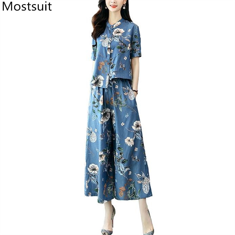 Summer Denim Printed Two Piece Sets Women Short Sleeve Tops + Wide Leg Cropped Pants Suits Office Fashion Elegant 210518, Blue
Summer Denim Printed Two Piece Sets Women Short Sleeve Tops + Wide Leg Cropped Pants Suits Office Fashion Elegant 210518, Blue