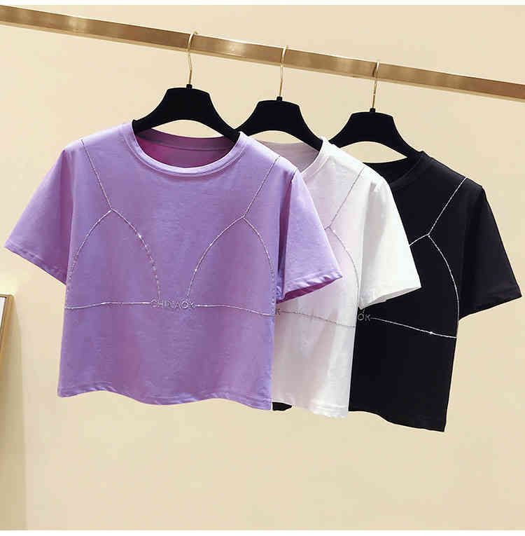 Short Style Bling Women Tee Summer Women's Sleeves O Neck Cotton T-Shirt Tees Girls Pullover Casual Tops A3295 210428