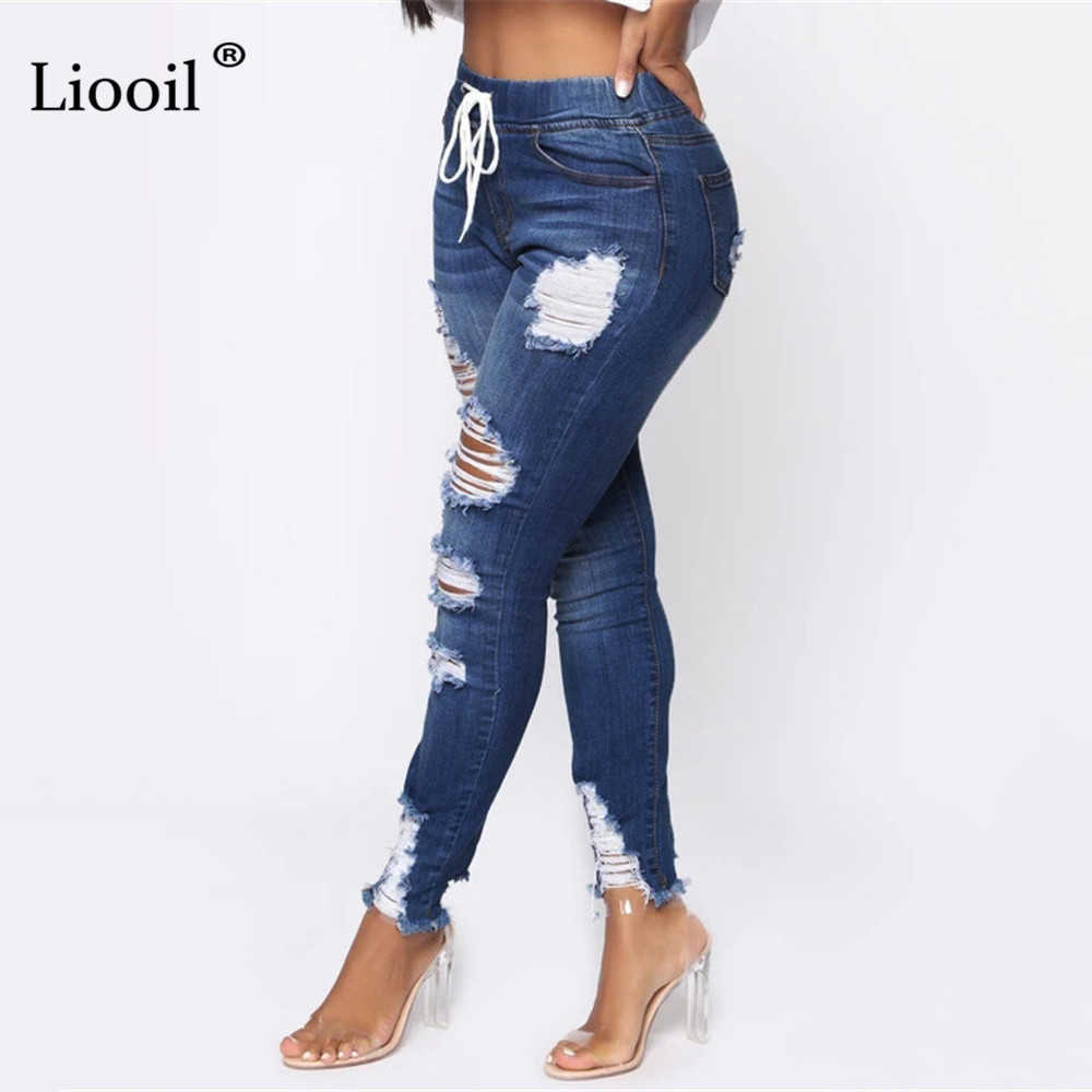 Light Blue Ripped Jeans for Women Street Style Sexy Mid Rise Distressed Trouser Stretch Skinny Hole Denim Pencil Pants 210922