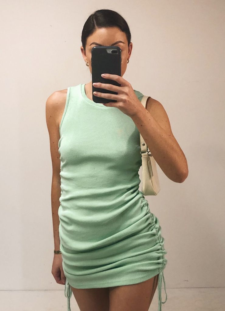 Side Adjust Lace up striped line Rib Sleeveless Mini Dress Bodylish Women Retro O neck Ruched Dresses Korea clothing 210429