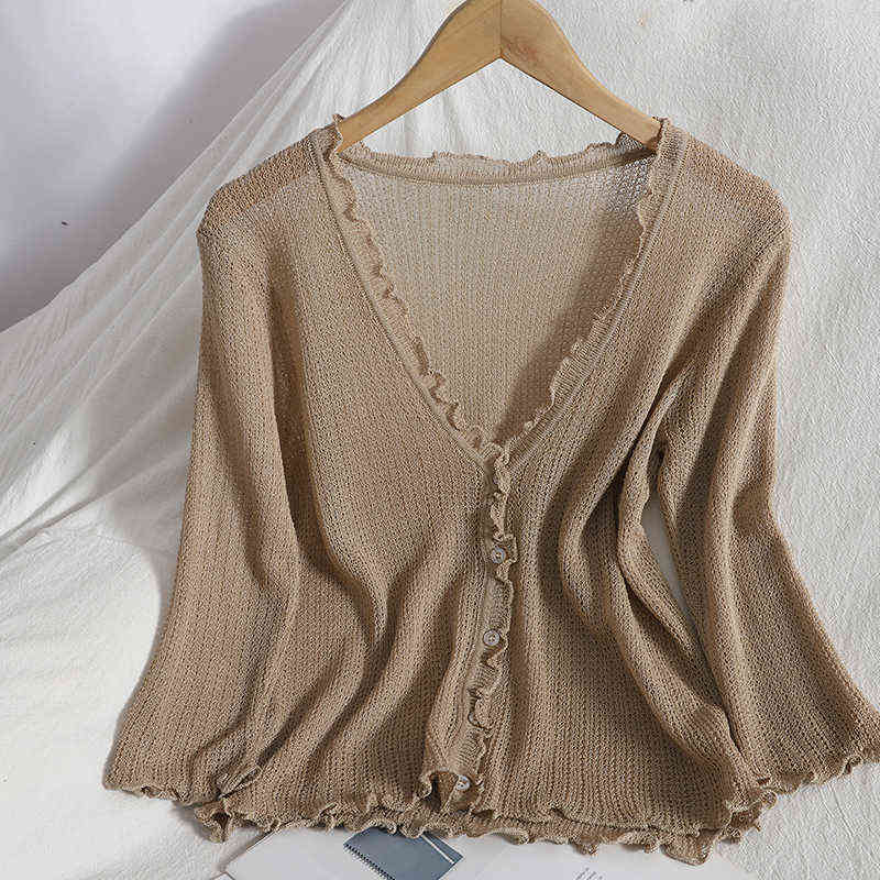 Summer wild casual knitted small cardigan for womens top jacket Korean Ruffles V-neck blouse cardigans hollow knit sweater women 211117