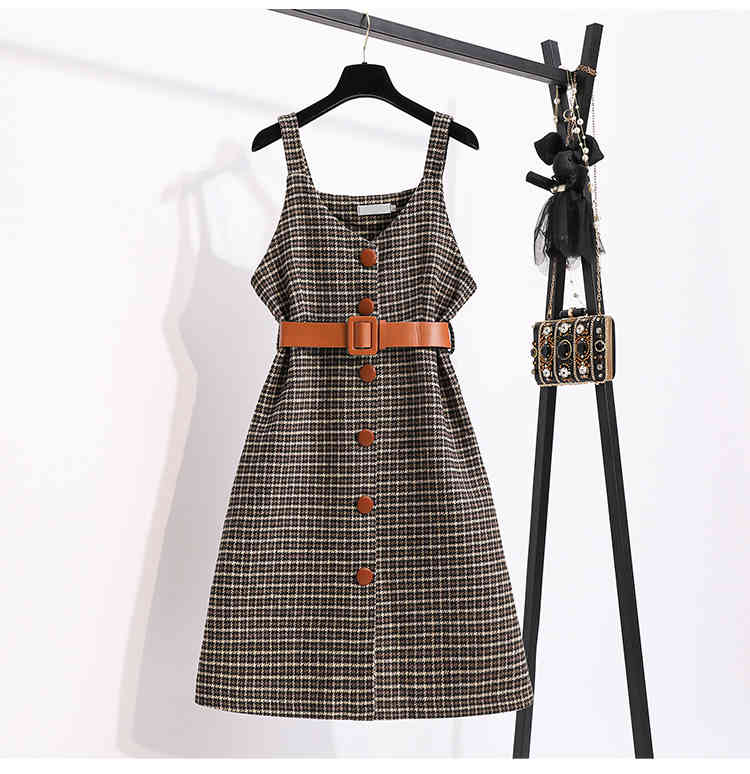 Autumn Winter Woman Elegant Sleeveless Tweed Plaid Strap Casual Slim Dress Female Vestidos 210518