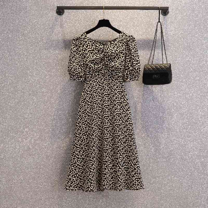 Korea Women Dresses Summer French Sweet Temperament Female Puff Sleeves V-Neck Waisted Gentle Floral Chiffon Dress Vestido 210506