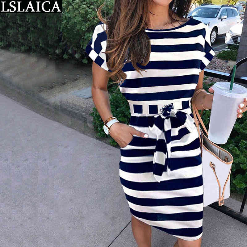 Casual Dresses For Women Short Sleeve o Neck Striped Sashes Female Midi Plus Size Streetwear Summer Kleider 210515
