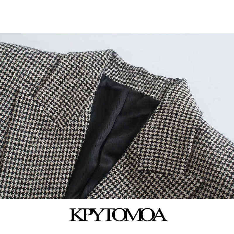 KPYTOMOA Women Fashion Houndstooth Fitted Blazer Coat Vintage Long Sleeve Flap Pockets Female Outerwear Chic Veste Femme 211122