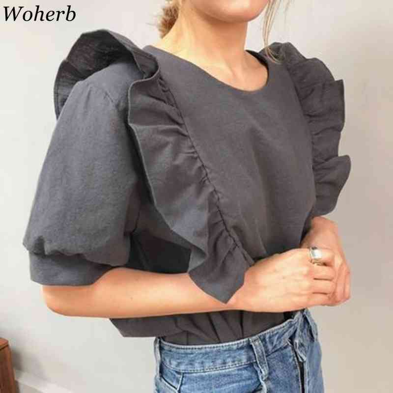 Korean Summer Ruffles Female Shirts Short Sleeve O-neck Women Tops Blouse Chic Casual Blusas Camisetas 210519