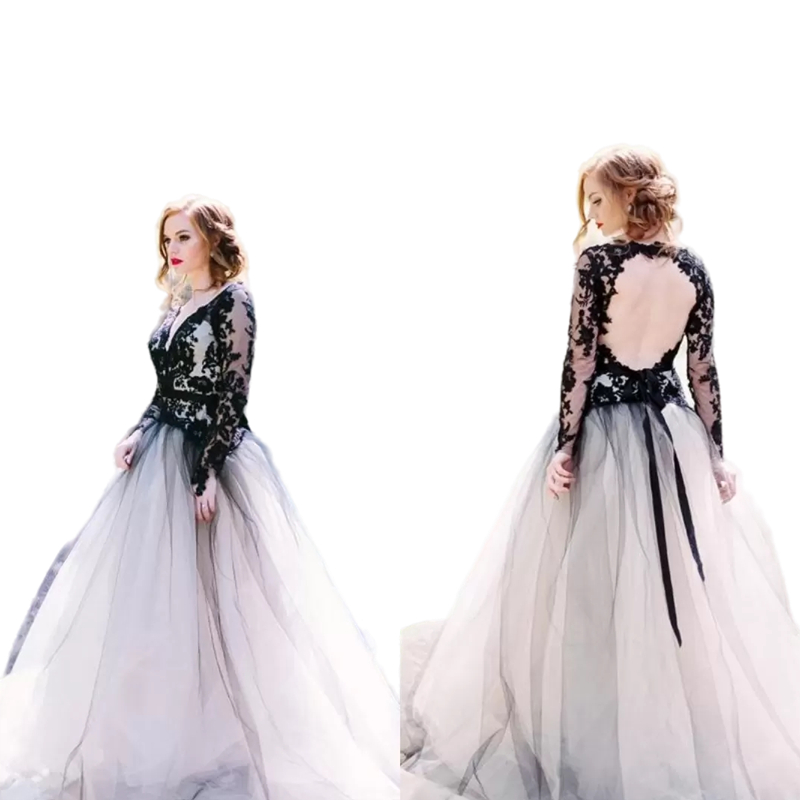 Vintage Black And White Wedding Dresses Bridal Gowns 2022 Gothic Country Deep V Neck Long Sleeves Beach Boho Bride dress