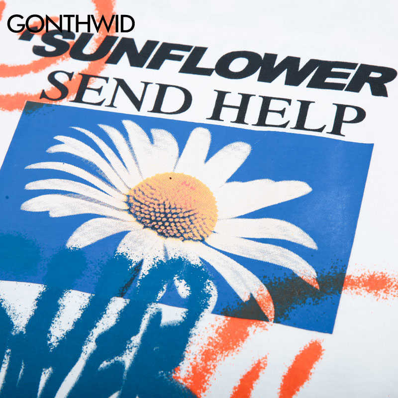 GONTHWID Sunflower Graffiti Face Print Tees Shirts Streetwear Hip Hop Harajuku Casual Tshirts Men Fashion Short Sleeve Tops 210629