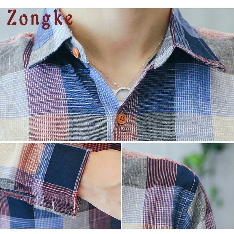 Zongke Plaid Men Shirt Long Sleeve Cotton Linen Japanese Streetwear 5XL Casual Clothes 210721