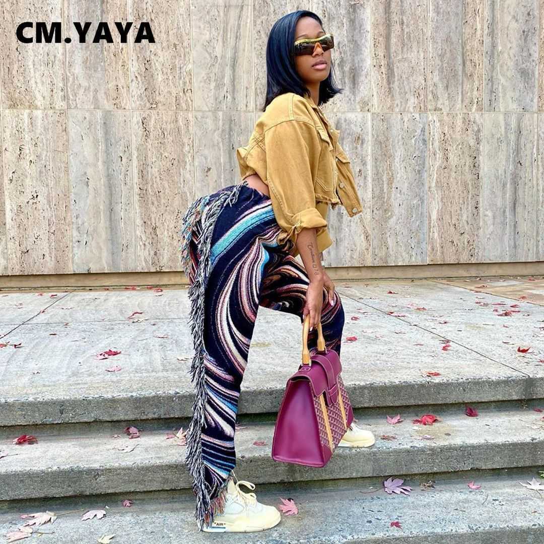 CM.YAYA Autumn Spring Women Pants High Waist Activewear Pencil Trousers Sporty Print Tassel Jogger Sweatpants 210830