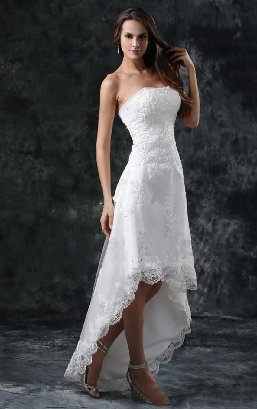 2021 Summer Beach Hi-Lo Full Lace A Line Wedding Dresses Strapless Appliques Short Formal Lace-Up Back Vestidos Bridal Gowns 0431