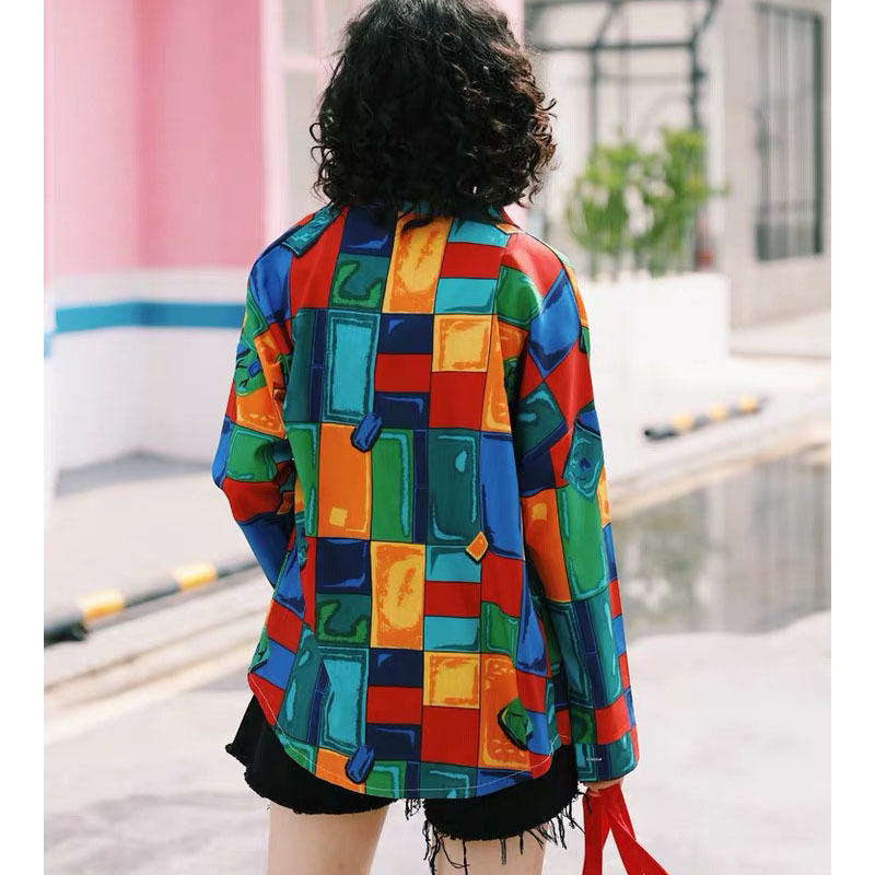 Women Geometr Pattern Print Casual Plus Size Blouse Lapel Long Sleeve Loose Fit Shirt Colourful Holiday Spring Autumn 210421