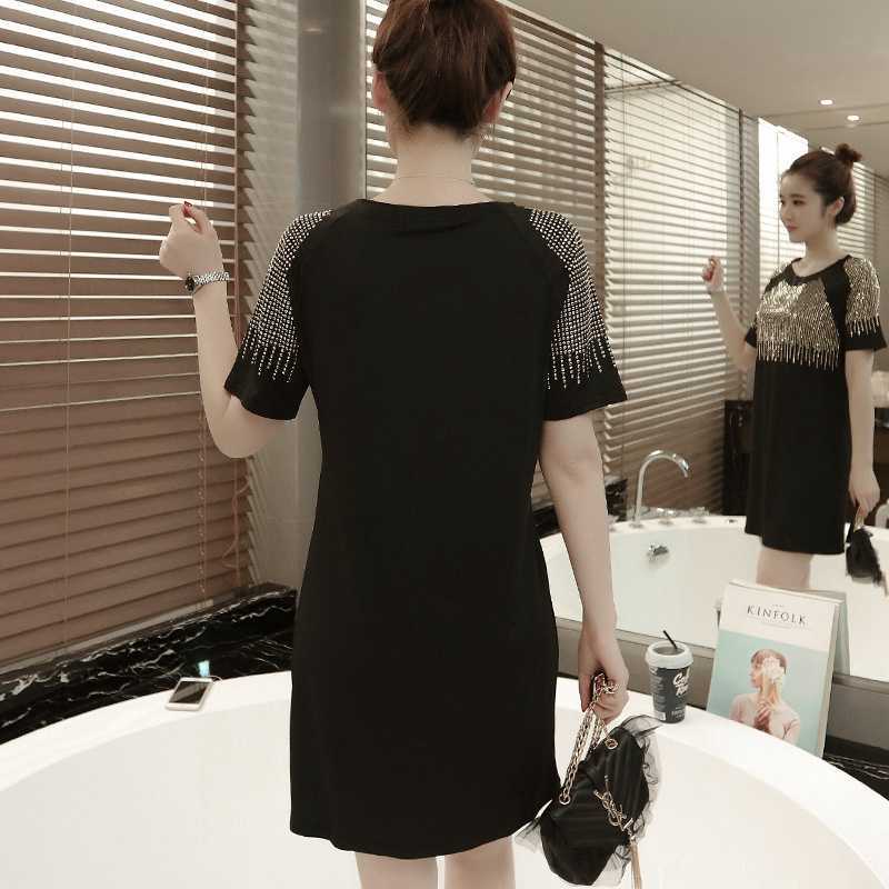Women Summer Dresses Fashion Casual Short Sleeve Vestidos Sexy Rivet Diamonds Dress Shirt Loose Black Dress Plus Size XXXL 210630