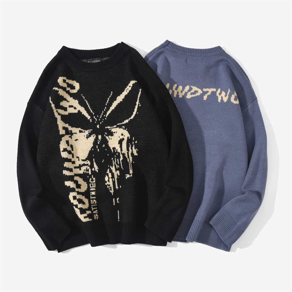 Hip Hop Knitwear Mens Sweaters Harajuku Fashion Butterfly Male Loose Tops Casual Streetwear Pullover Sweaters 210820
