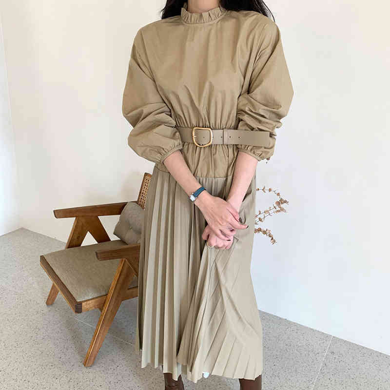 Elegant Stand Collar Women Solid Patchwork Belt Dress OL Style Long Sleeve Pleated Mid-length Dresses Female Vestidos 210519