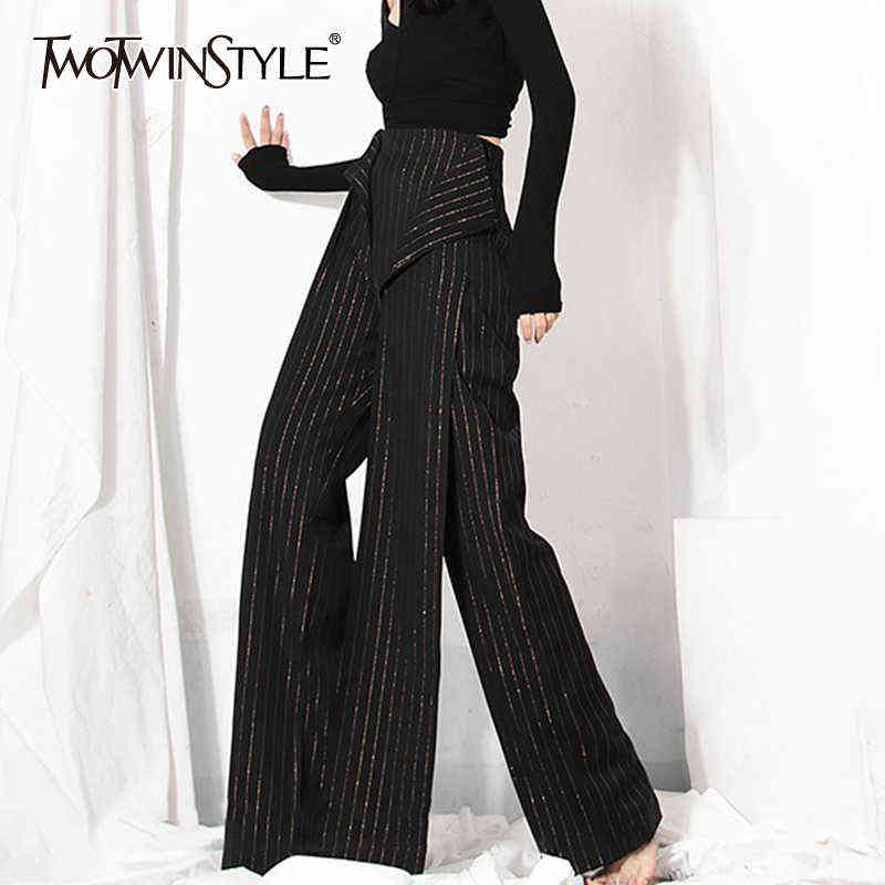 TWOTWINSTYLE Striped Black Casual Straight Pants For Women Korean Fashion High Waist Wide Leg Pant Females Autumn Style 211124