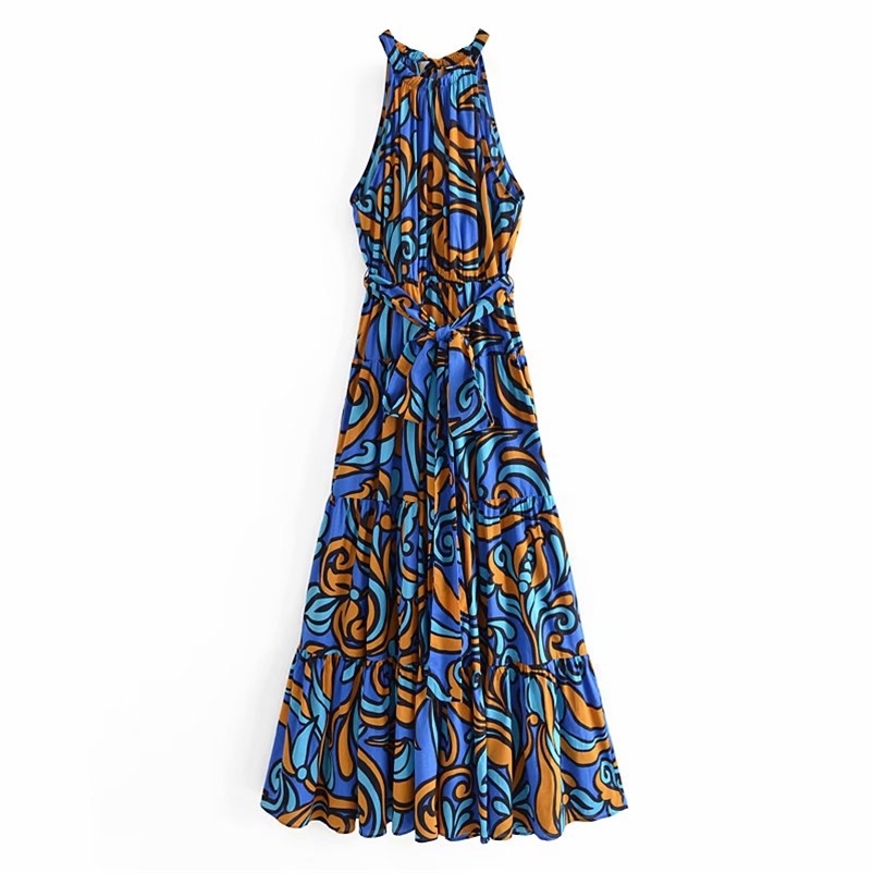 Casual Women O Neck Draw Back Dress Summer Fashion Ladies Beach Style Female Digital Print Long Skirt 210515