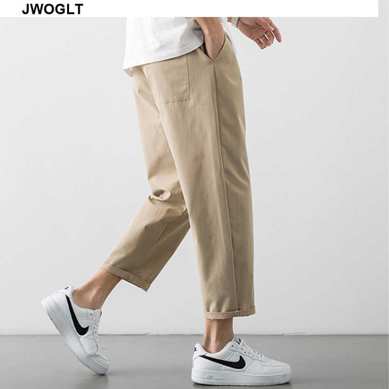 Summer Korean Fashion Mens Pants Streetwear Hipster Black Khaki Gray Drawstring Waist Straight Ankle-Length Trousers 210528