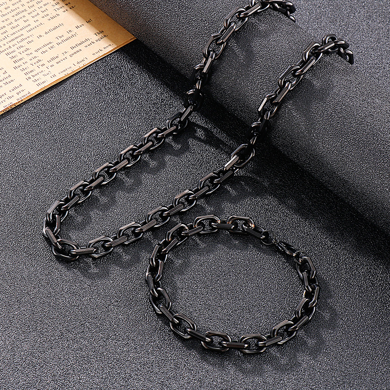 8mm 24in+8inch Black Stainless Steel Strong Link Chain Necklace Bracelet For Mens Jewelry Set Fashion Gifts Husband / Father/ Boyfriends