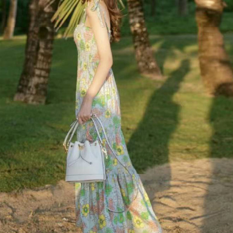 Summer French Elegant Spaghetti Strap Dress Women Floral Midi Dress Female Sweet Party Evening Beach Dress Korea 210521