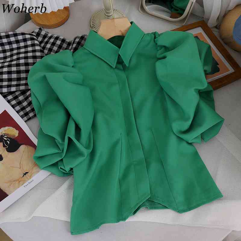 Vintage Ruffles Women Blouse Turn Down Collar Butterfly Short Sleeve Loose Shirts Elegant Chiffon Single Breasted Tops 210422