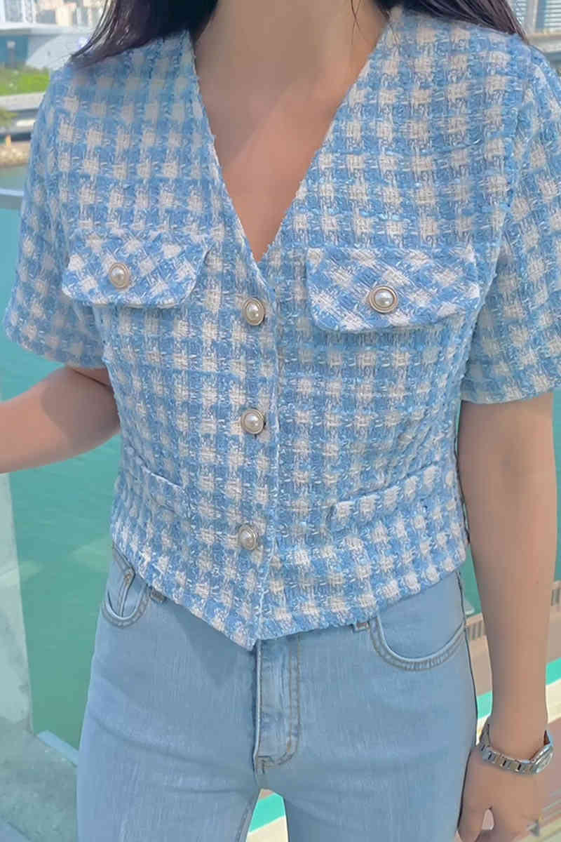 Tweed Korean Vintage Women Coat Summer Short Sleeve V-neck Single Breasted Pockets Ladies Fashion Jacket Tops Femme 210519