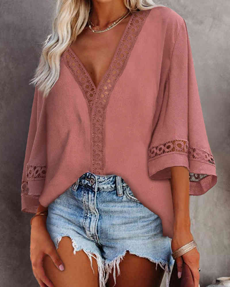 Spring Summer Women Solid Hollow-out Blouse New Femme Casual Plain Bell Sleeve V-Neck Top Ladies Mid Sleeve Clothing 210415
