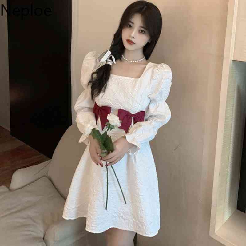 Neploe Fashion Woman Dress Chic Bow Slim Princess Dress Korean White Vestidos Mujer Square Collar Puff Sleeve Sweet Robe 95373 210422