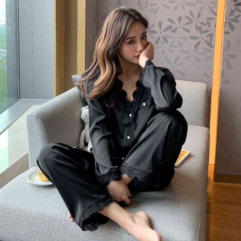 White silk like women's pajamas set autumn long-sleeved nighties style sleepwear black beautiful home nighty suit 211215