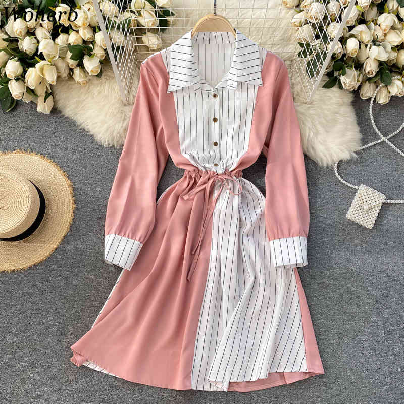 Elegant Shirt Dress Women Long Sleeve Contrast Color Striped Patch Dresses Office Lady Midi Robe Korean Chic Vestidos 210519