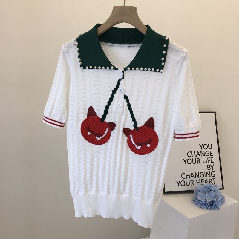Summer Korean Women's Lapel Beaded Cherry Knit Sweater Fashion Pullover Embroidery Short Sleeve 210506