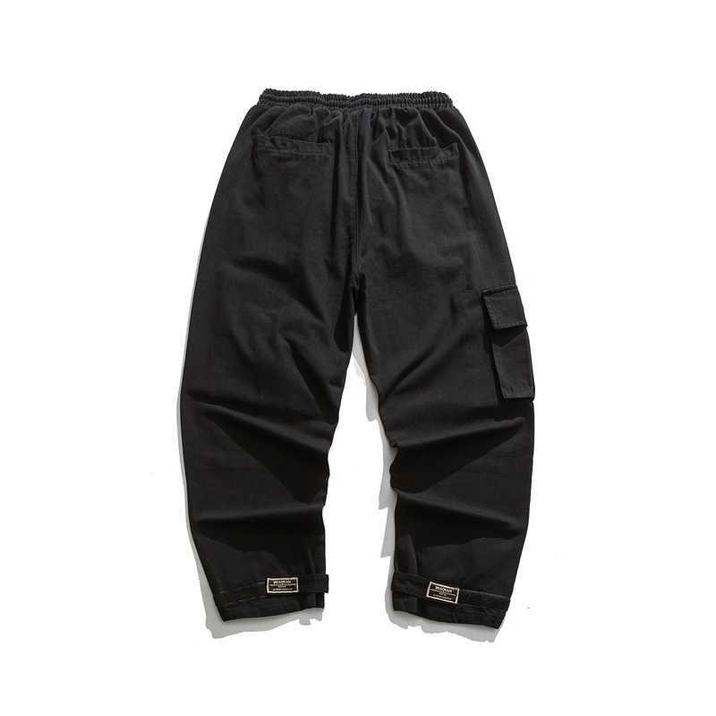 Mens Cargo Pants Multi Pockets Japan Style Harajuku Cotton Outwear Fashion Straight Casual Trousers Male Adjustable Bottom 210603