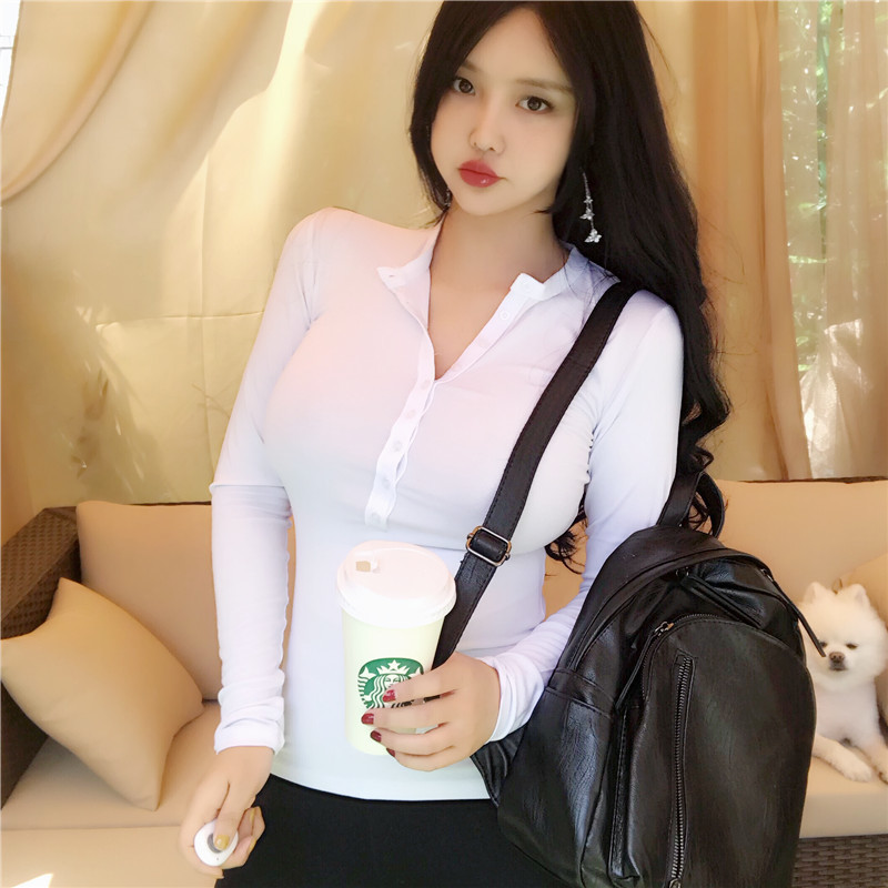 Spring Lady Black Solid red v neck sexy Slim Fit Tee Women Highstreet Casual Long Sleeve Tshirt Tops female girl t shirt 210420