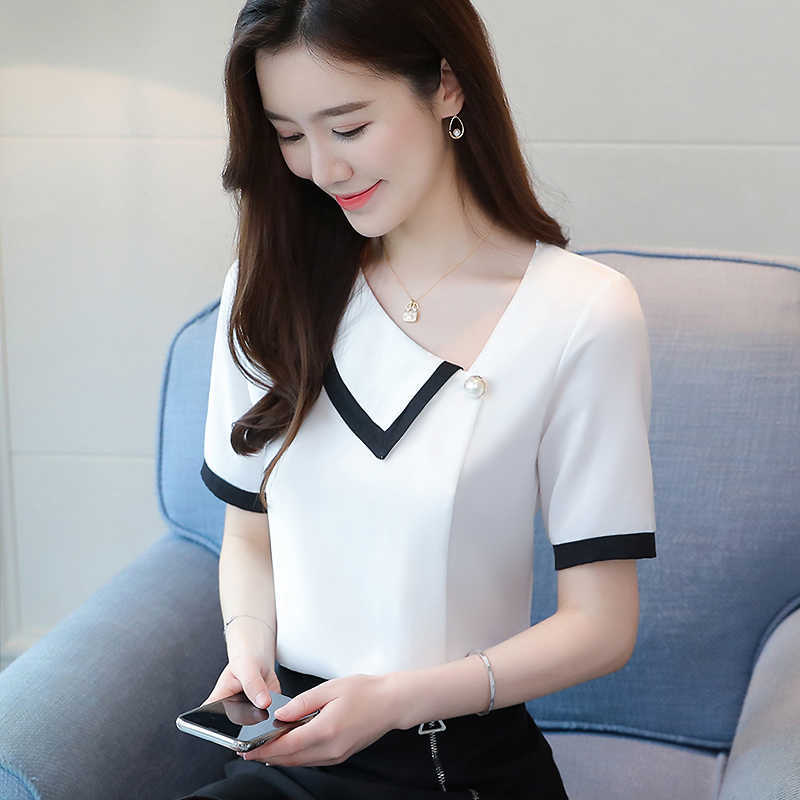 Blouses for Women Summer Tops Short Sleeve Casual Chiffon Blouse Female Work Wear WhiteOffice Shirts Plus Size XXL 210531