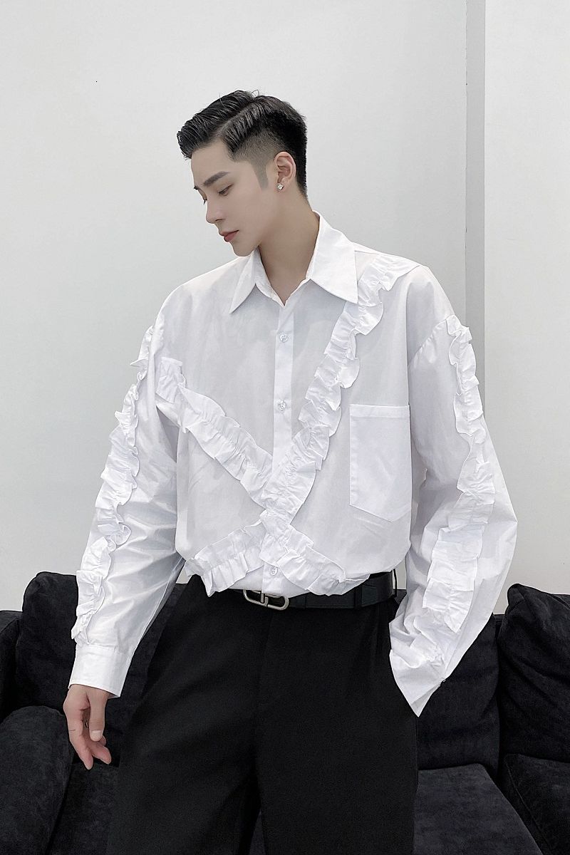 IEFB /men's wear niche personalized ruffled shirts for male Spring black white oversize fashionable tops 9Y3747 210524
