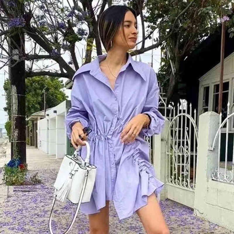 Foridol Chic Style Lace Up Short Shirt Dress Women Casual Oversized Streetwear Purple Short Dress Spring Autumn Dress 210415