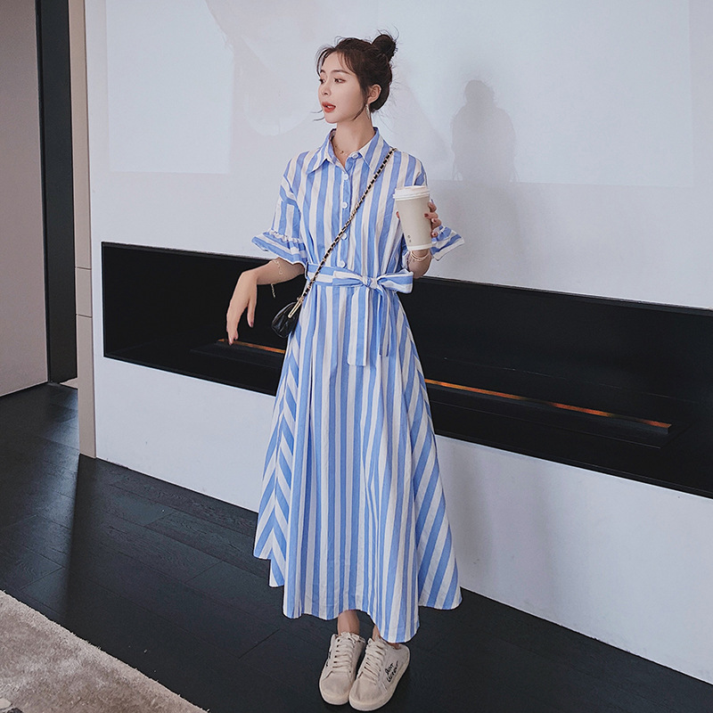 Summer Blue Striped Dress Short Sleeve Plus Size Lapel Dresses With Belt Female Fashion Streetwear 2D1677 210526