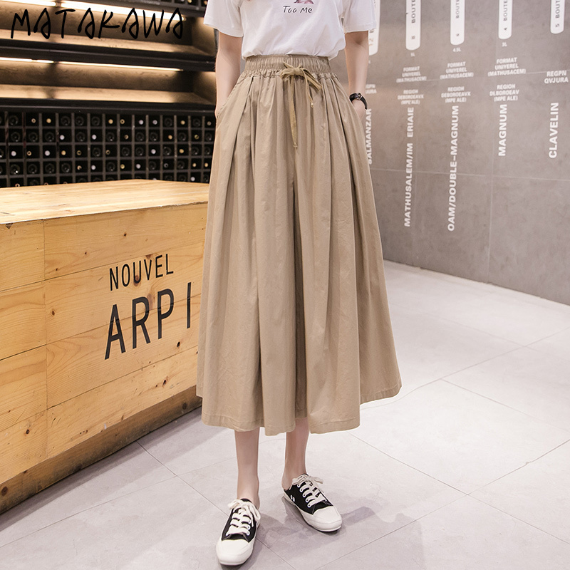 MATAKAWA Elastic Waist Loose Nine-point Wide-leg Pants Women's Culottes Summer Mid-length High-waist Lace-up Fashion Pantskirt 210513