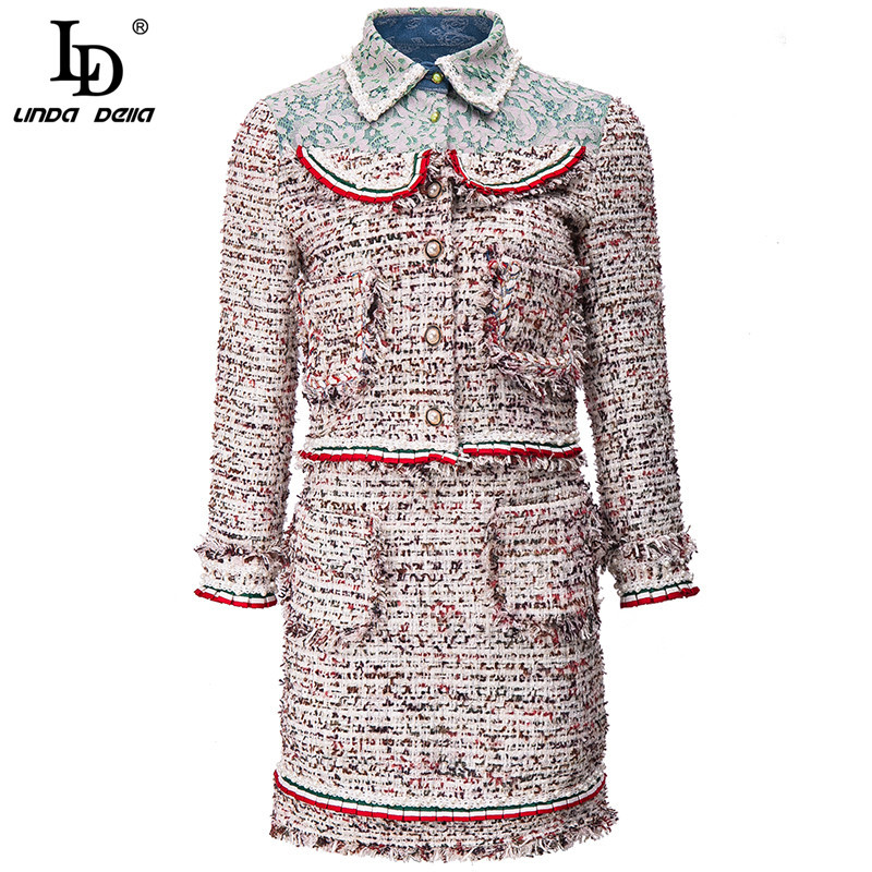 Autumn Tweed 2 Piece Sets Women's Lace Patchwork Slim Long Sleeve Coat and Tassels Short Skirt Suit 210522