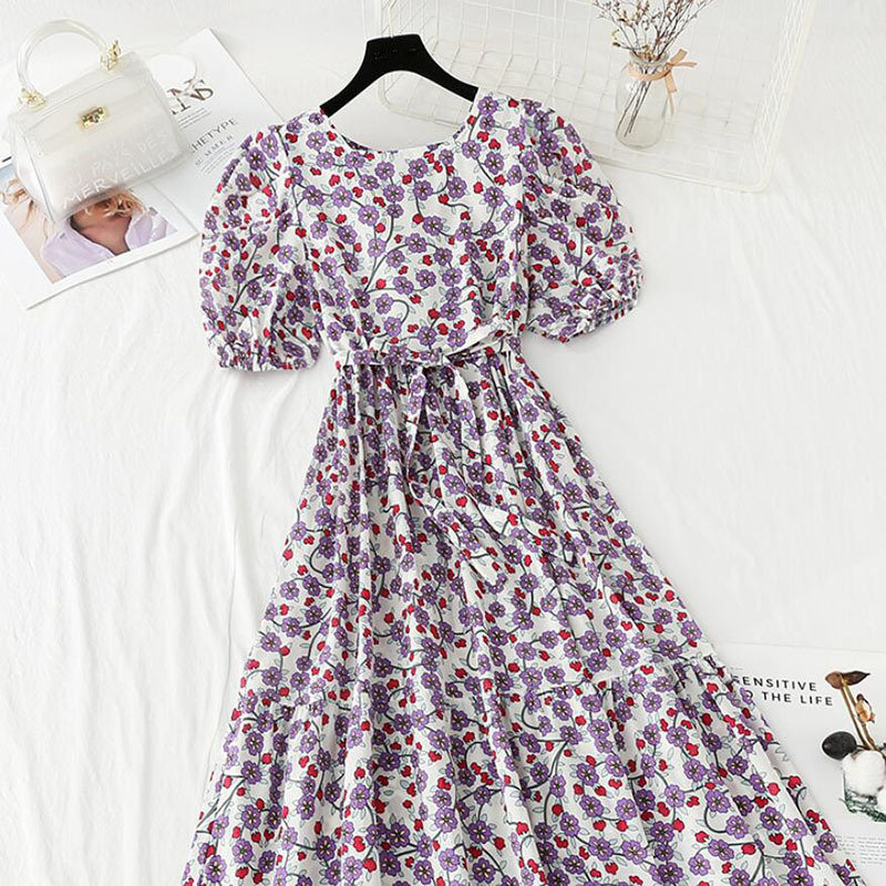 Cotton Linen Printing Summer Dress Vintage Casual Square Collar Short Sleeve Floral Midi Dresses Women Elegant Vestidos 210521