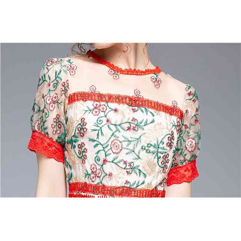 Summer Mesh Embroidery Flowers Dress Women O-Neck Casual Party Slim Long es Vintage Elegant Vestidos 210520